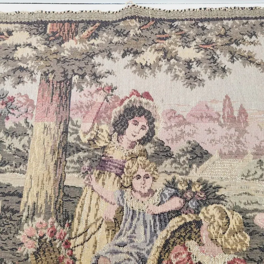 Kids in Garden Scene Vintage Wall Hanging Tapestry Made In Italy Carriage Ram